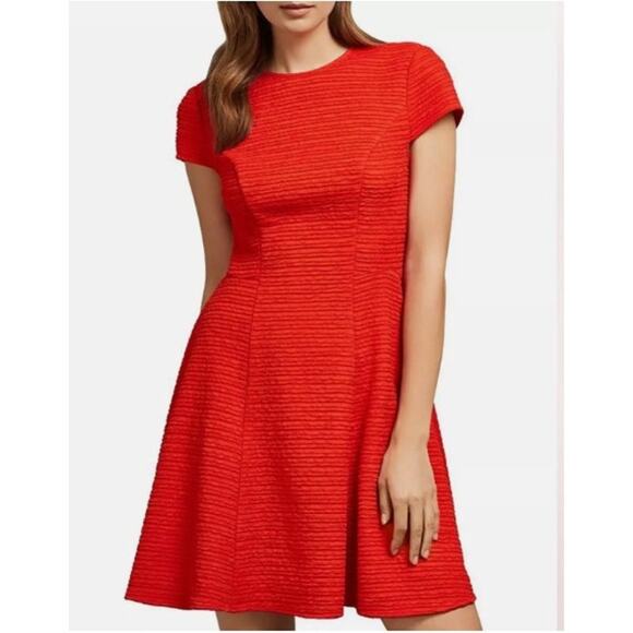 TED BAKER Cherisa Textured Jersey Skater Dress Size 6 Small Fire Orange - Picture 1 of 11
